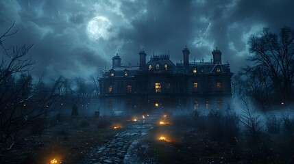 Wall Mural - Haunted Mansion Unveiled on Moonlit Autumn Night Exuding Halloween Eerie and Spooky Nostalgia