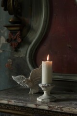 Aufkleber - A white candle sitting on top of a table. Perfect for home decor or relaxation concept
