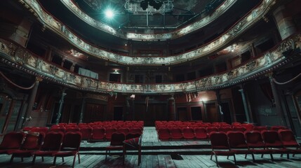 Poster - An empty theatre with red chairs and a chandelier. Suitable for theatre or interior design concepts