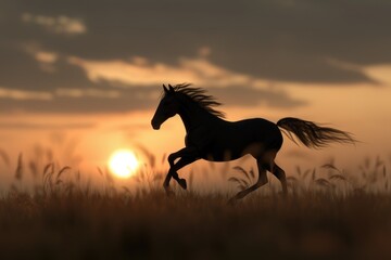 Canvas Print - Majestic horse running through a field at sunset. Suitable for nature and animal themes