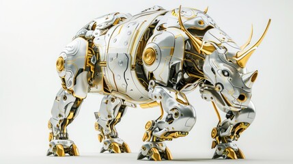 Wall Mural - Rhino robot. Gold and silver color on white background