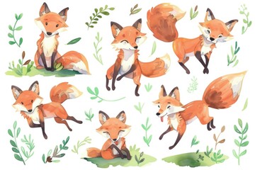 Aufkleber - A collection of watercolor foxes in various poses. Perfect for nature-themed designs