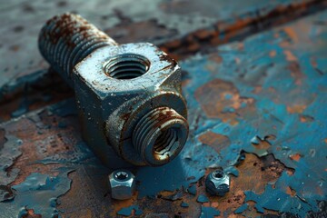 Poster - Rusty metal object on a wooden table, suitable for industrial concepts