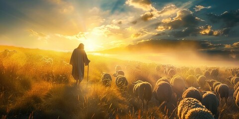 Poster - A man standing in a field surrounded by a herd of sheep. Suitable for agricultural and rural lifestyle concepts