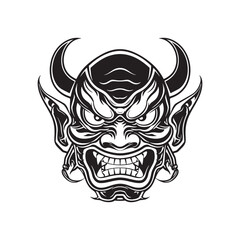 Wall Mural - Black and white oni demon mask vintage ink drawing vector illustration for t-shirt design