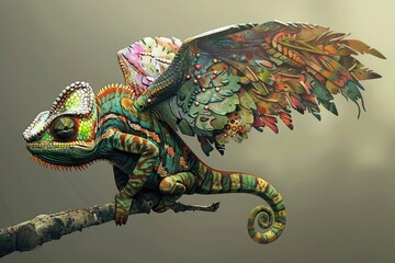 Poster - A vibrant chameleon perched on a tree branch, perfect for nature themes