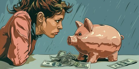 Canvas Print - A woman examining a piggy bank, suitable for financial concepts