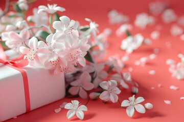 Poster - A white gift box with a red ribbon and delicate white flowers, perfect for celebrations and special occasions