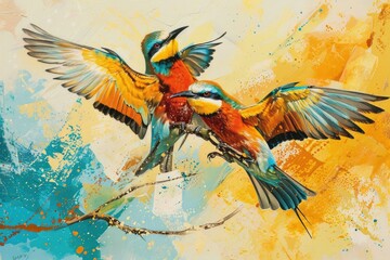 Poster - Two vibrant birds perched on a branch, suitable for nature-themed designs