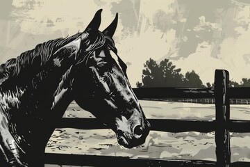 Poster - Black and white illustration of a horse by a fence, suitable for various design projects