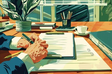 Poster - A man in a suit writing on a piece of paper. Suitable for business and office concepts
