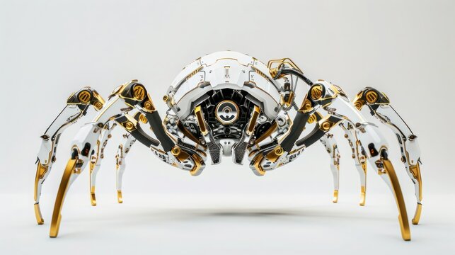 White background, gold and silver spider robot