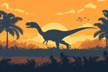 Poster - A dinosaur silhouette against a tropical background. Suitable for educational materials or travel brochures