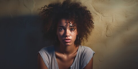 Cream background sad black independant powerful Woman realistic person portrait of young beautiful bad mood expression girl Isolated on Background racism skin color 