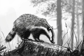 Wall Mural - Detailed black and white drawing of a badger on a tree stump. Suitable for educational materials or wildlife publications