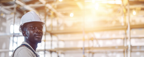 Wall Mural - African American man stands against building site in helmet. Worker exudes aura of authority and determination as beacon of professionalism.