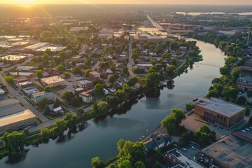 Aufkleber - Aerial view of a city with a river, suitable for urban planning projects