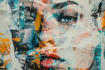Poster - A unique collage of a woman's face made with torn pieces of paper. Suitable for various design projects