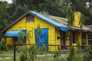 Poster - A yellow house with a blue tarp on the roof. Suitable for real estate or construction concepts