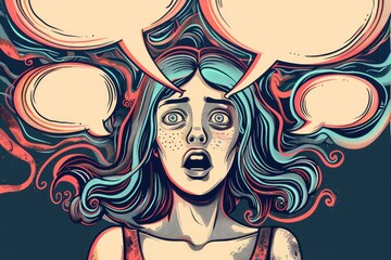 Poster - A woman with speech bubbles above her head, perfect for communication concepts