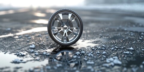 Poster - A detailed view of a tire on a wet surface. Suitable for automotive industry promotions