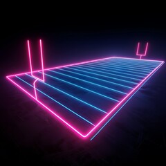 Wall Mural - 3d neon american football field, pink and blue glowing lines, black background, virtual game setting