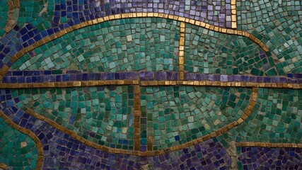 Poster - Intricate mosaic artwork. Small square tiles in varying shades of green, blue form main composition. Golden tiles outline shapes within mosaic, adding contrast, highlighting design.