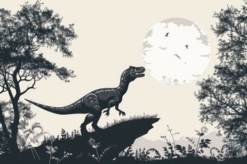 Poster - A black and white image of a dinosaur in a mysterious forest. Perfect for nature and fantasy themes