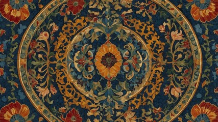 Aufkleber - Detailed, ornate rug showcases intricate floral, leaf designs woven with precision. Central focus large, symmetrical flower surrounded by elaborate patterns of smaller flowers, leaves.