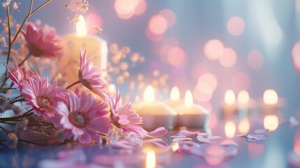 Poster - A beautiful arrangement of pink flowers and candles on a table. Perfect for home decor or event planning