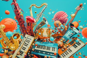 Poster - Musical instruments floating in the air. Suitable for music and creativity concepts