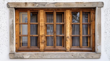 Poster - A simple wooden window with curtains on a clean white wall. Suitable for interior design concepts