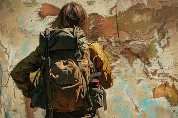 Poster - A woman standing outdoors, examining a map. Perfect for travel or adventure concepts