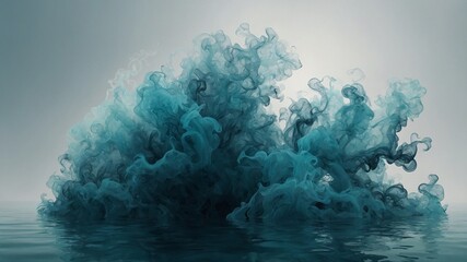 Poster - Large plume of turquoise smoke billows, swirls, emerging from surface of calm sea under muted sky. Intricate dance of smoke creates ethereal atmosphere, where boundaries between water.