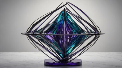 Poster - Captivating art piece draws eye, presenting vibrant, multi-faceted gem within geometric metal structure. This gem displays fascinating interplay of colors, with deep blues.