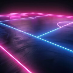 Wall Mural - neon 3d football pitch, glowing pink and blue lines, dark background, virtual sportive game design