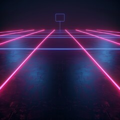 Wall Mural - neon 3d american football field, glowing pink and blue lines, dark background, virtual sportive game