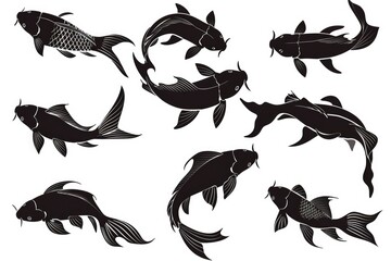 Poster - Black silhouettes of koi fish on a white backdrop. Perfect for aquatic themes or Asian-inspired designs