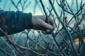 Poster - Person using scissors to trim branches, suitable for gardening or landscaping projects