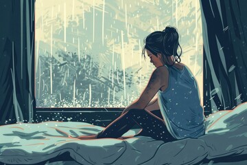 Poster - A woman sitting on a bed in front of a window. Suitable for interior design concepts