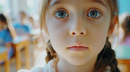 Poster - A close up of a child with striking blue eyes. Perfect for portrait photography projects