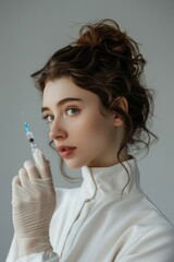 Poster - A woman in a lab coat holding a syringe. Ideal for medical and science concepts