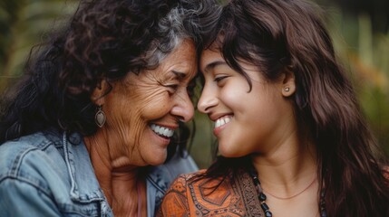 Poster - Elderly woman and young woman smiling at each other. Suitable for family, generations, happiness concepts