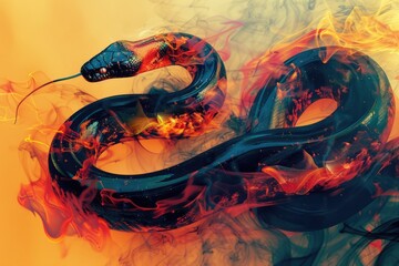 Poster - A striking image of a black snake with vibrant red and yellow flames surrounding it. Perfect for various design projects
