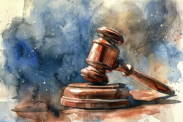 Poster - A painting of a judge's gavel on a table. Suitable for legal concepts