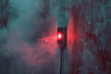 Poster - A red traffic light on a pole next to a wall. Suitable for traffic safety concepts
