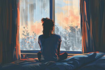 Aufkleber - Woman sitting on bed looking out window, suitable for home decor