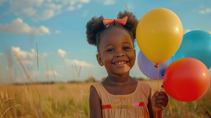 Poster - A little girl holding a bunch of colorful balloons. Perfect for birthday parties or celebrations