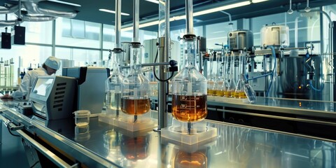 Poster - A man working in a lab surrounded by bottles. Suitable for educational or scientific content