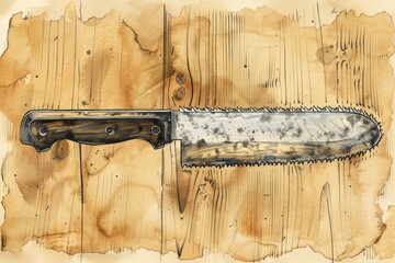 Poster - Detailed drawing of a knife on a wooden surface, suitable for various design projects